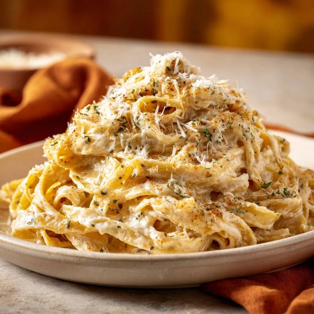 Creamy garlic parmesan fettuccine served generously in a white bowl, topped with shredded cheese and herbs.