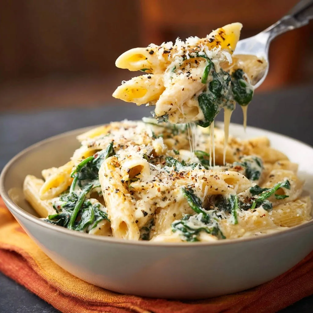 Creamy garlic spinach penne twirled on a fork, showcasing its glossy cling sauce and parmesan topping.