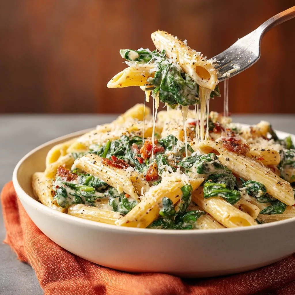 Creamy garlic spinach penne with a forkful of pasta showing the glossy cling sauce and melted cheese.