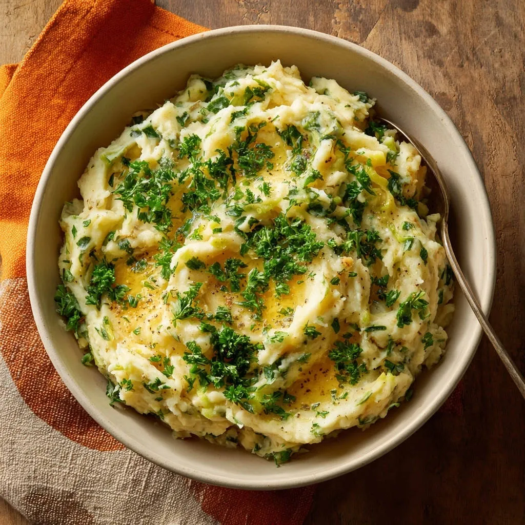 Creamy greens and mash served in a rustic bowl, garnished with fresh parsley and melted butter.