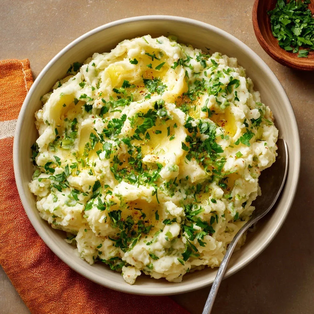 Creamy greens and mash with melted butter pools and fresh parsley garnish in a bowl.