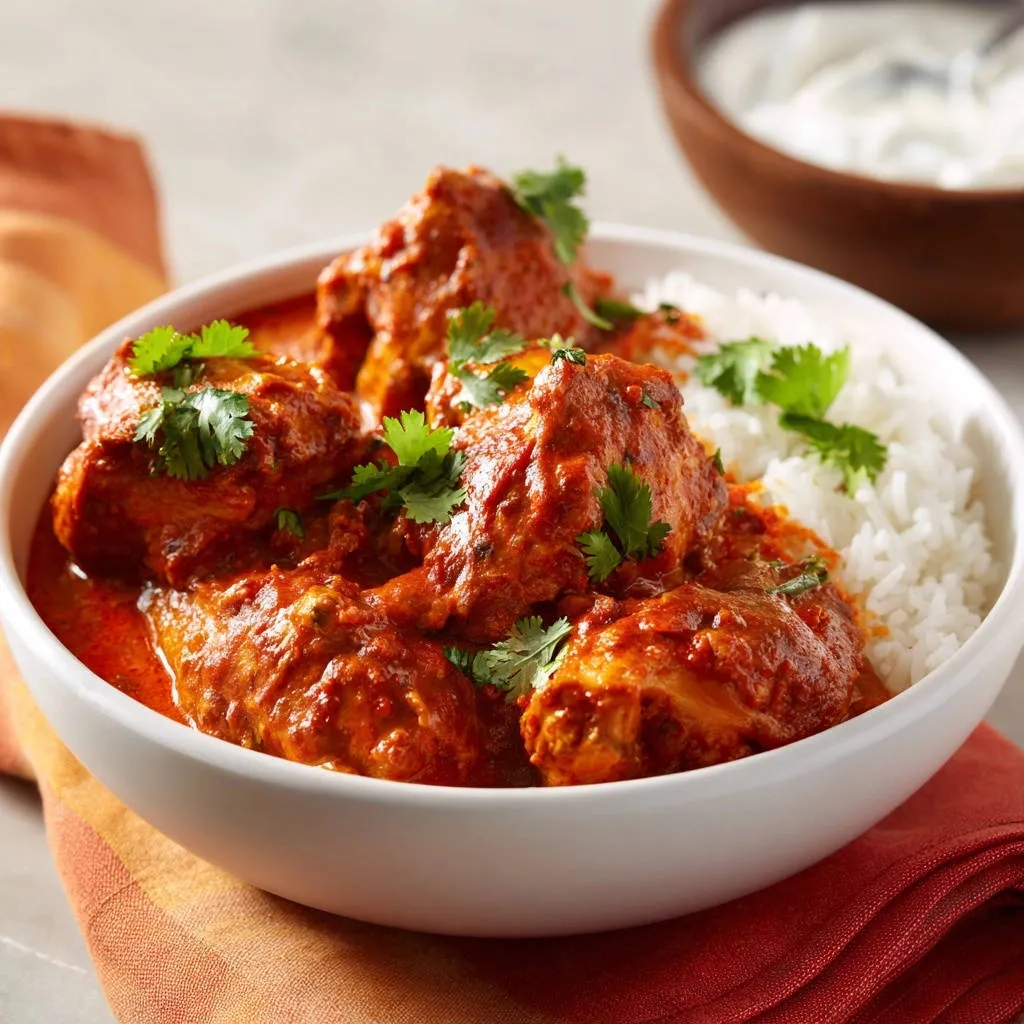 Creamy Indian-inspired chicken curry served in a white bowl with fluffy white rice and fresh cilantro garnish.