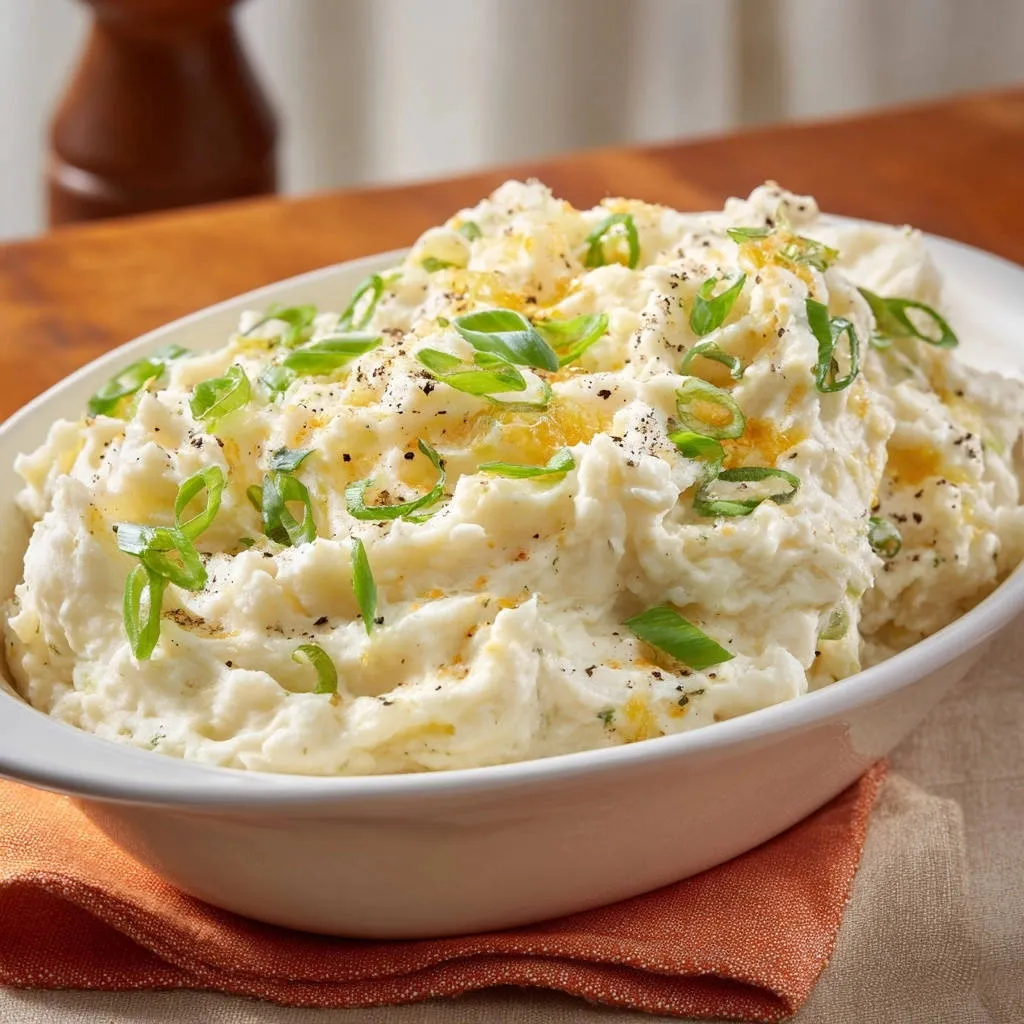 Classic creamy mashed potatoes generously garnished with chopped green onions and a sprinkle of black pepper.
