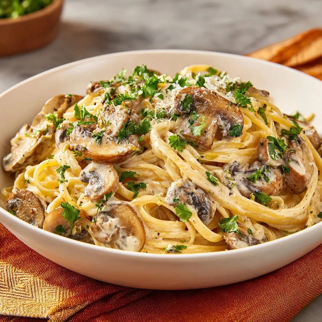 Restaurant style creamy mushroom linguine with a clingy sauce, generously garnished with fresh parsley and cheese.