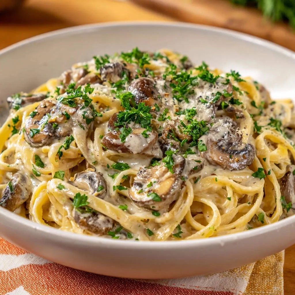 Restaurant style creamy mushroom linguine with a clingy sauce, topped with fresh parsley and grated cheese.