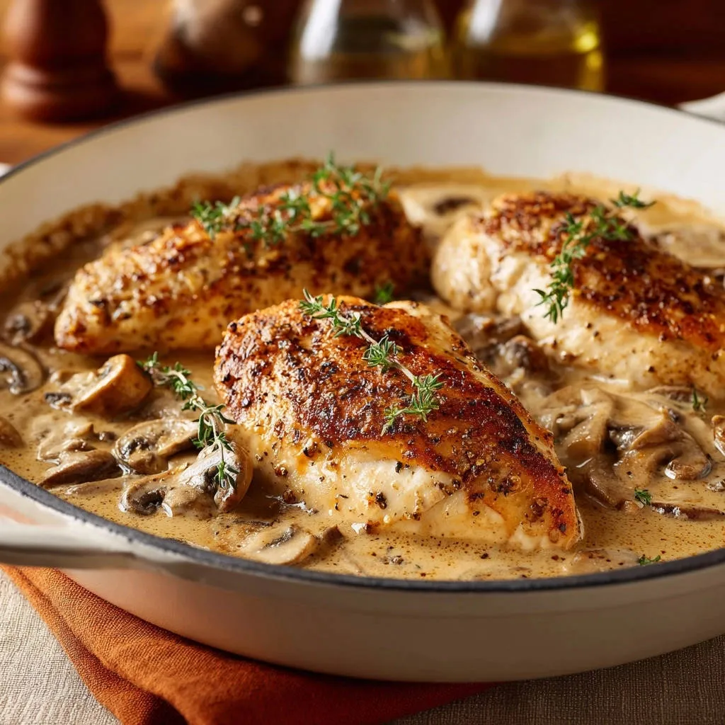 Creamy mushroom pan chicken shown close-up in a white skillet with fresh thyme garnish.