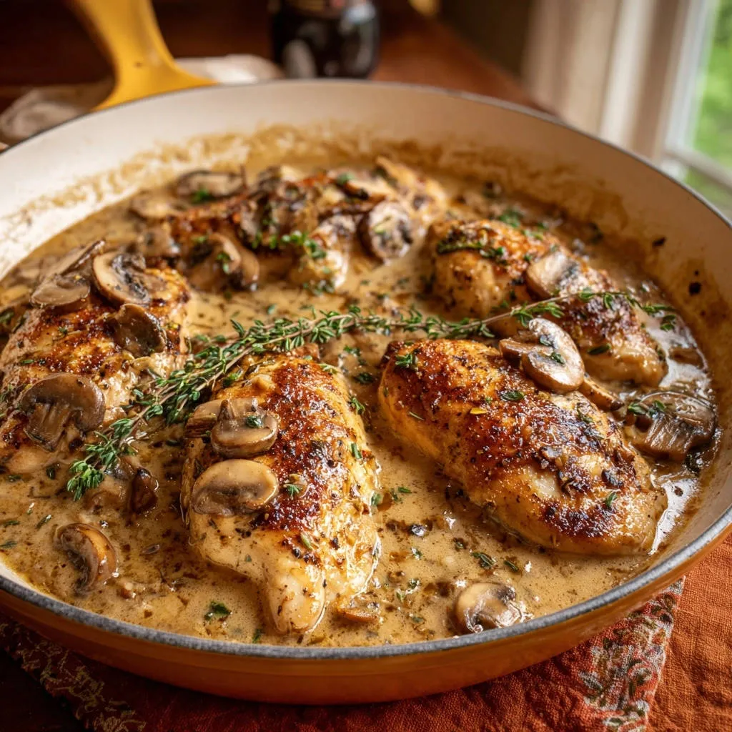Creamy mushroom pan chicken served in a skillet with fresh thyme and sliced mushrooms.