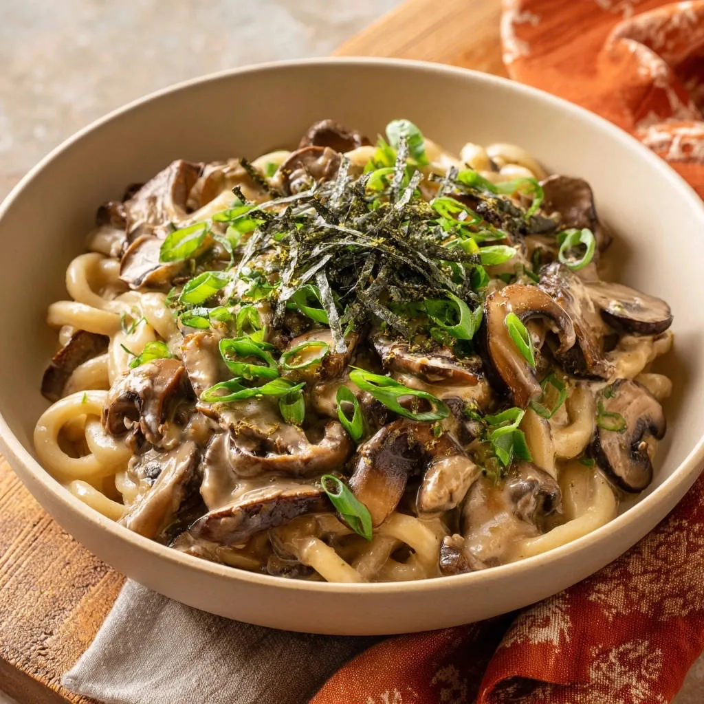 Creamy mushroom udon featuring a generous topping of nori and chopped scallions, showcasing the rich sauce texture.