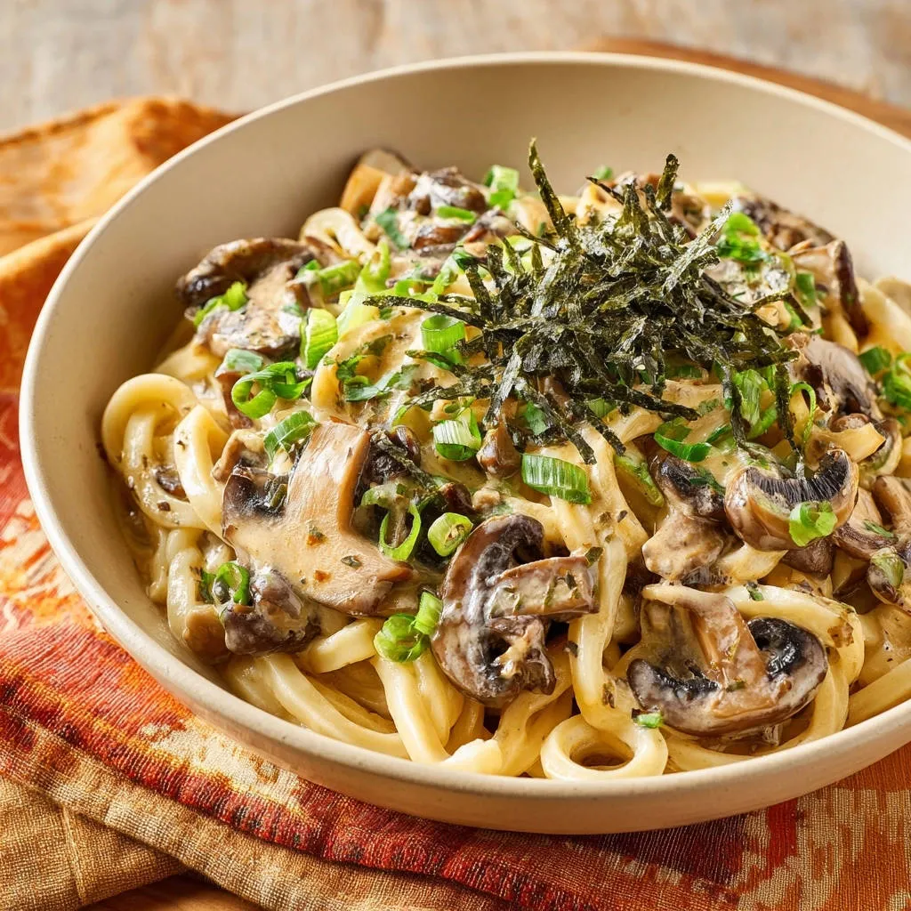 Creamy mushroom udon with a garnish of shredded nori and chopped green onions on top.
