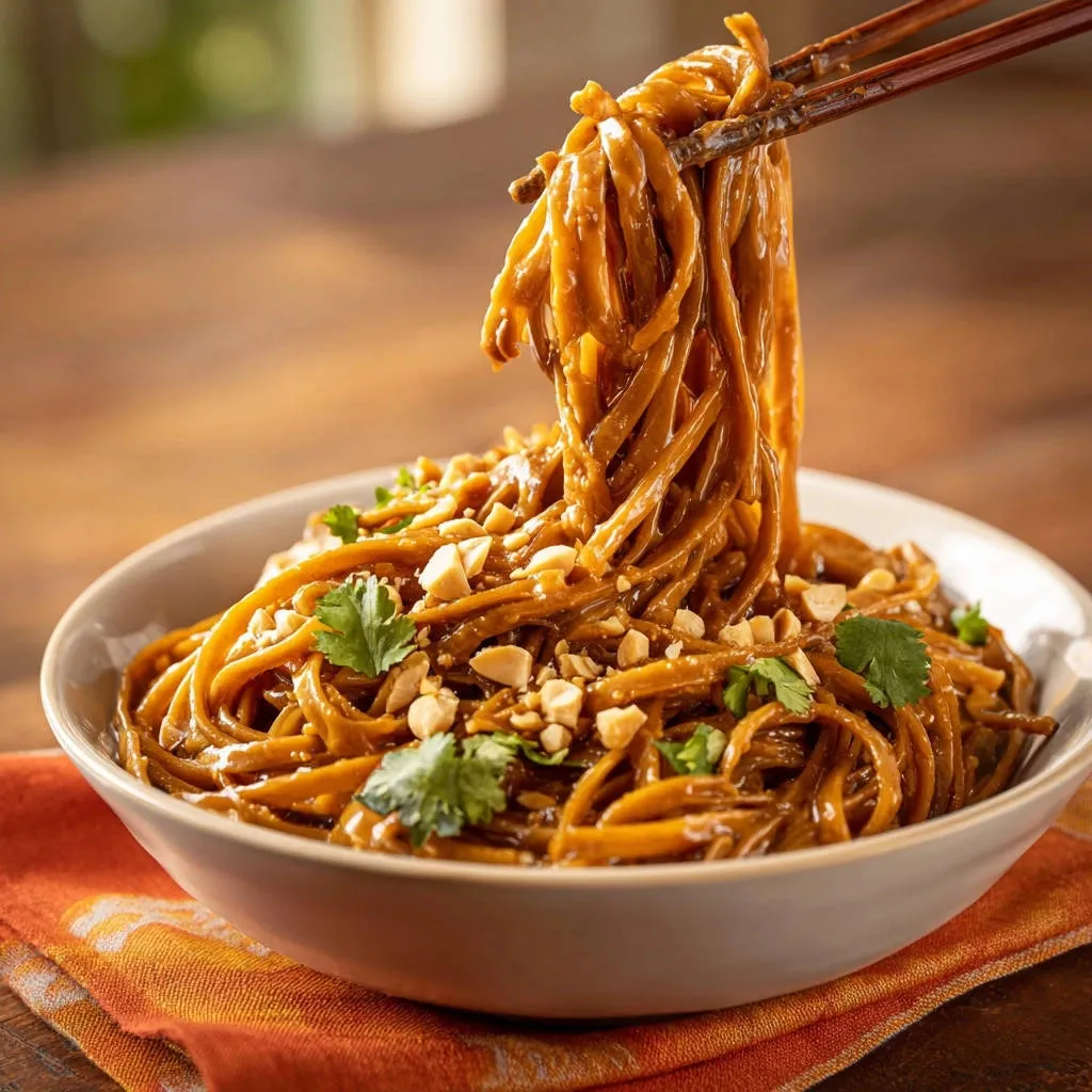 Creamy peanut noodles being lifted with chopsticks from a bowl, showing a smooth sauce and peanut garnish.