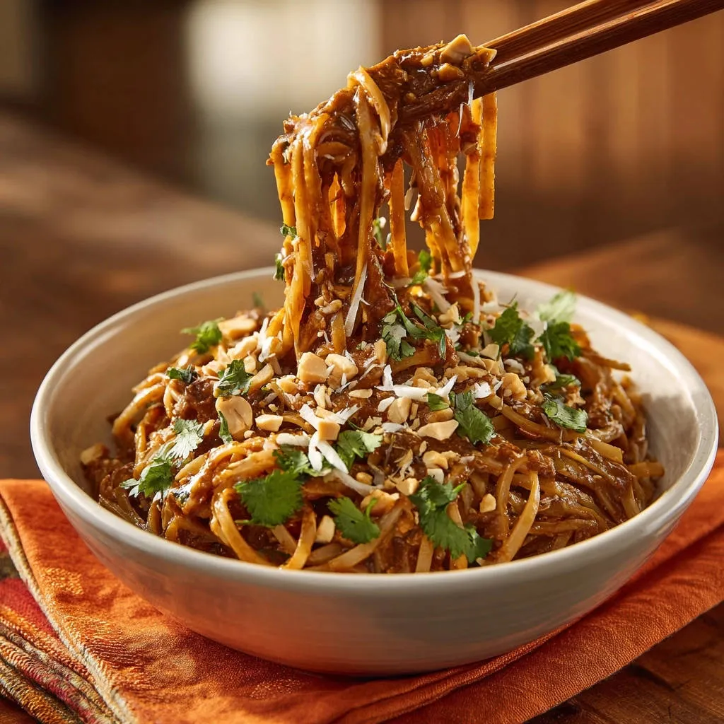 Creamy peanut noodles being lifted with chopsticks, showcasing the smooth sauce and garnishes.