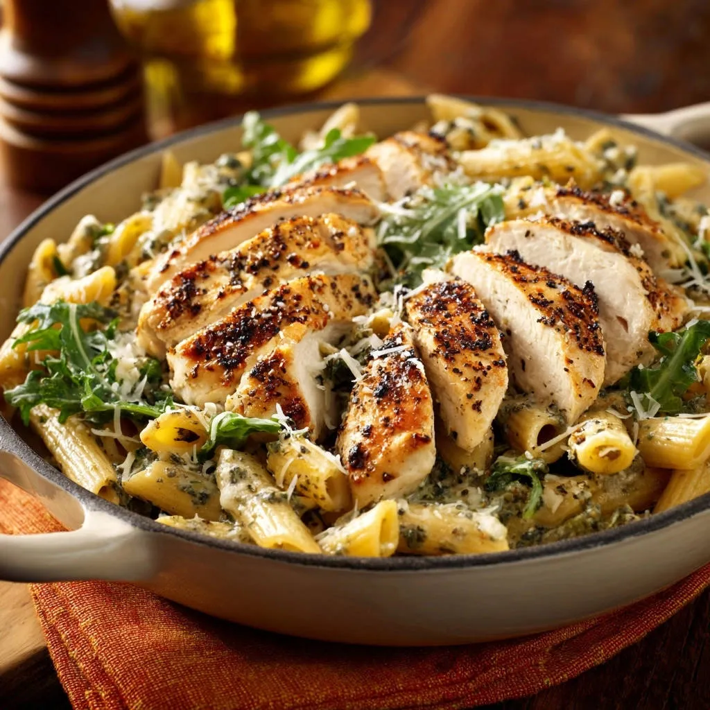 Creamy penne with seared chicken, sliced and served overhead in a rustic skillet with arugula.