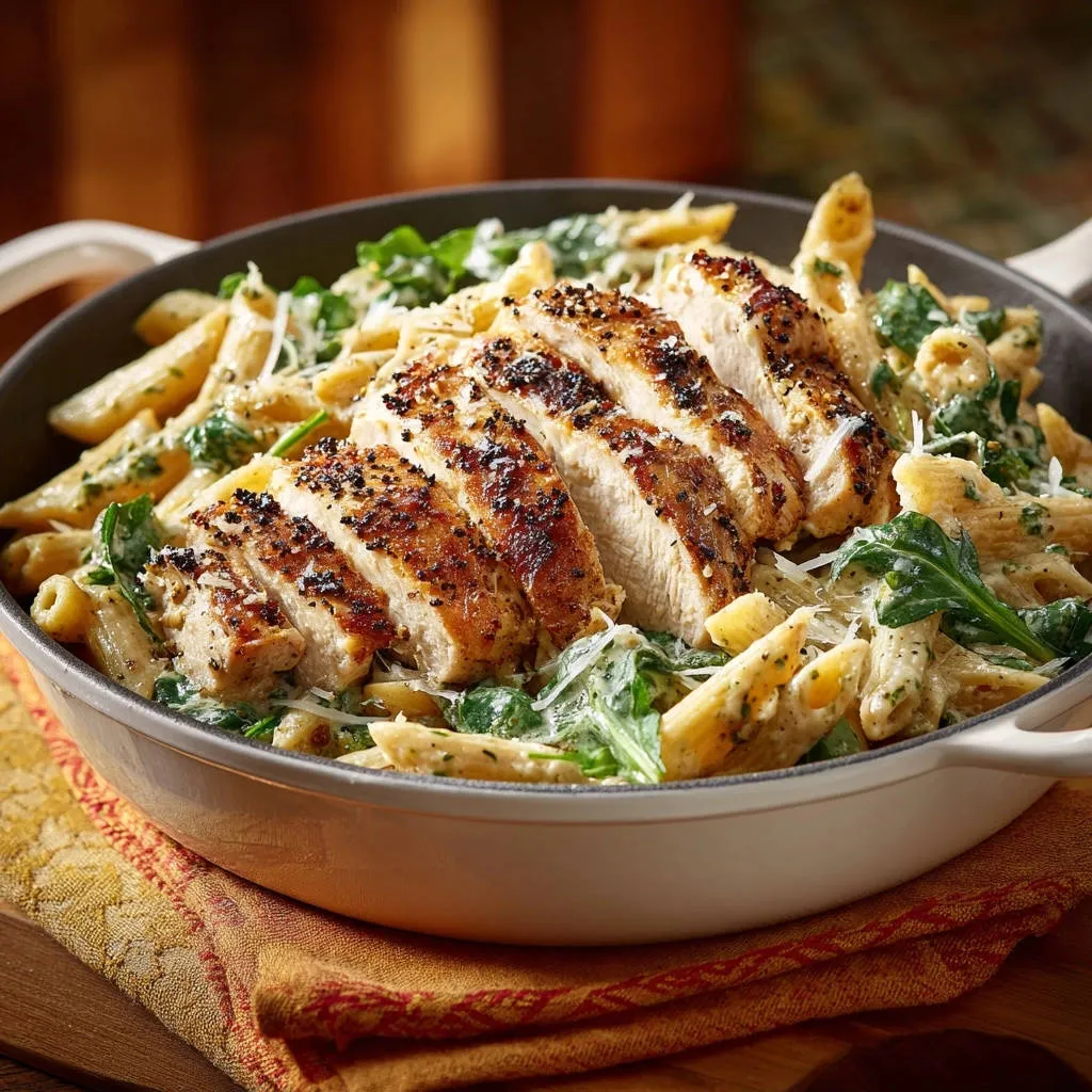 Creamy penne with seared chicken, presented sliced in a skillet from an overhead perspective.
