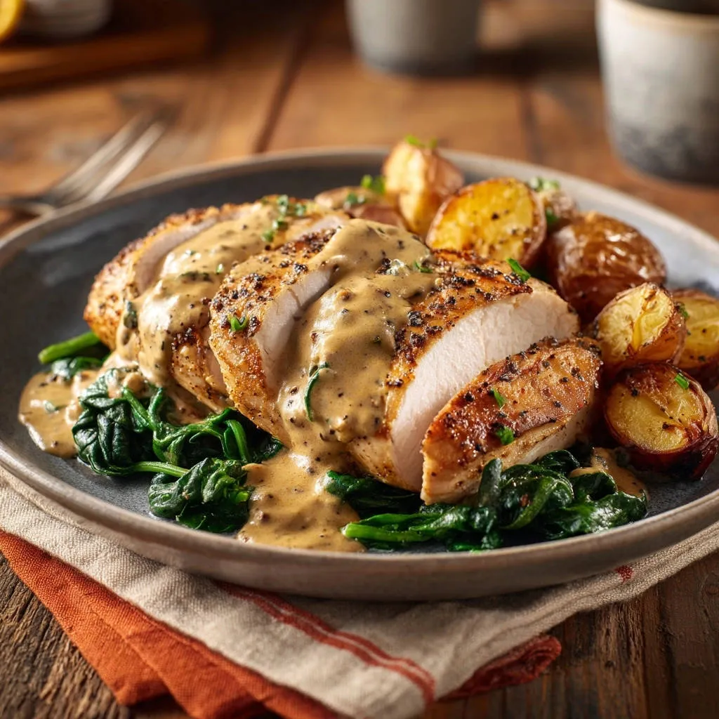 Creamy peppercorn pan chicken sliced and drizzled with sauce, served over spinach with roasted potatoes