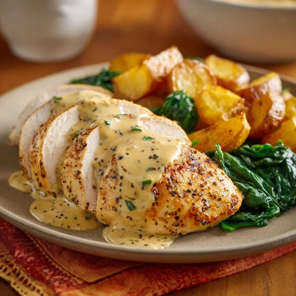 Creamy peppercorn pan chicken sliced and drizzled with sauce, served with roasted potatoes and spinach.