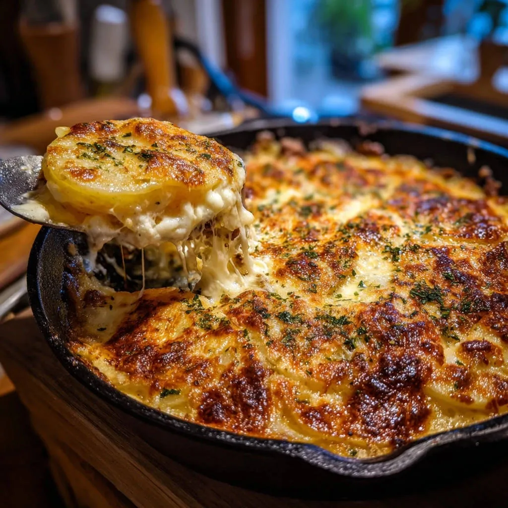 Ultimate creamy potato skillet with pulled beef, showcasing a generous cheese pull from a lifted serving.