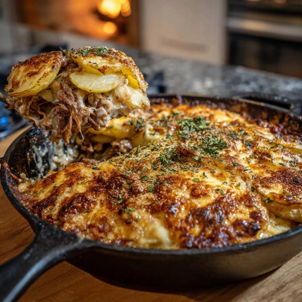 Ultimate creamy potato skillet with pulled beef, showing a serving being lifted to reveal layers of tender beef and potatoes.