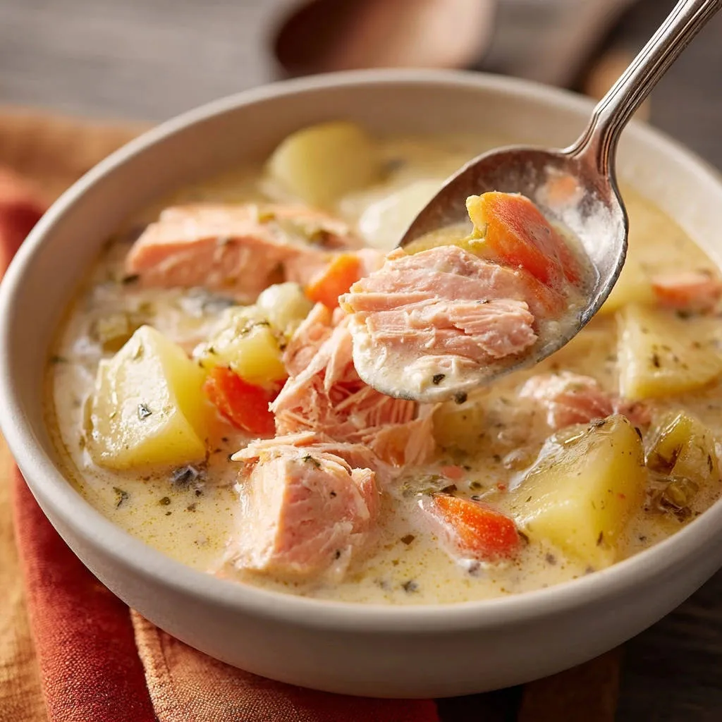 Creamy winter salmon chowder shown in a close-up spoonful detail with flaky salmon and tender potatoes.