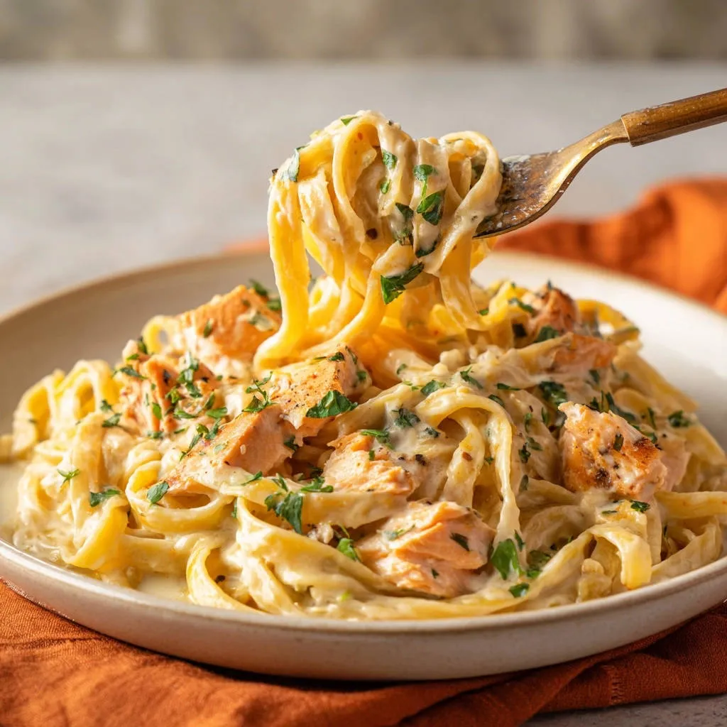 Creamy salmon fettuccine with a fork lifting a generous portion of pasta and salmon.