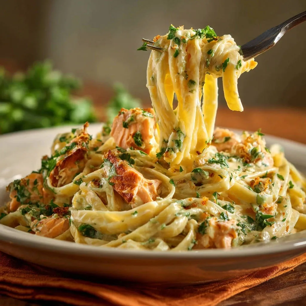 Creamy salmon fettuccine is twirled on a fork, showcasing the rich sauce and tender salmon pieces.