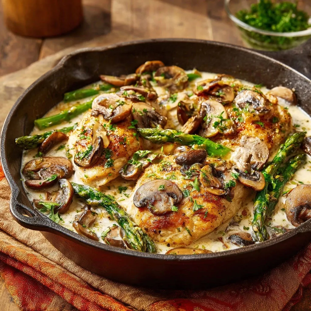 Creamy skillet chicken and asparagus shown in a cast-iron pan with mushrooms and a rich sauce.