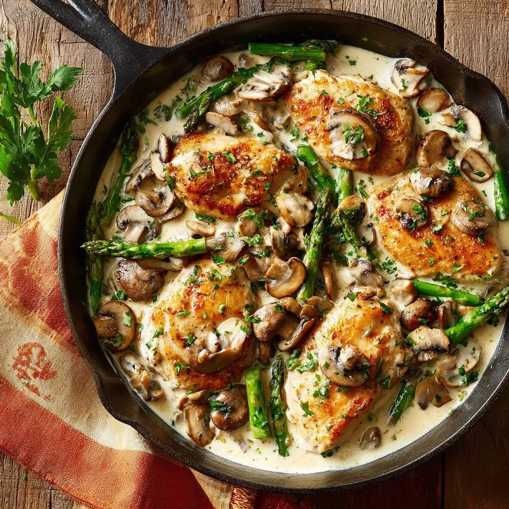 Creamy skillet chicken and asparagus shown in a cast iron pan from an overhead view with mushrooms and parsley garnish.