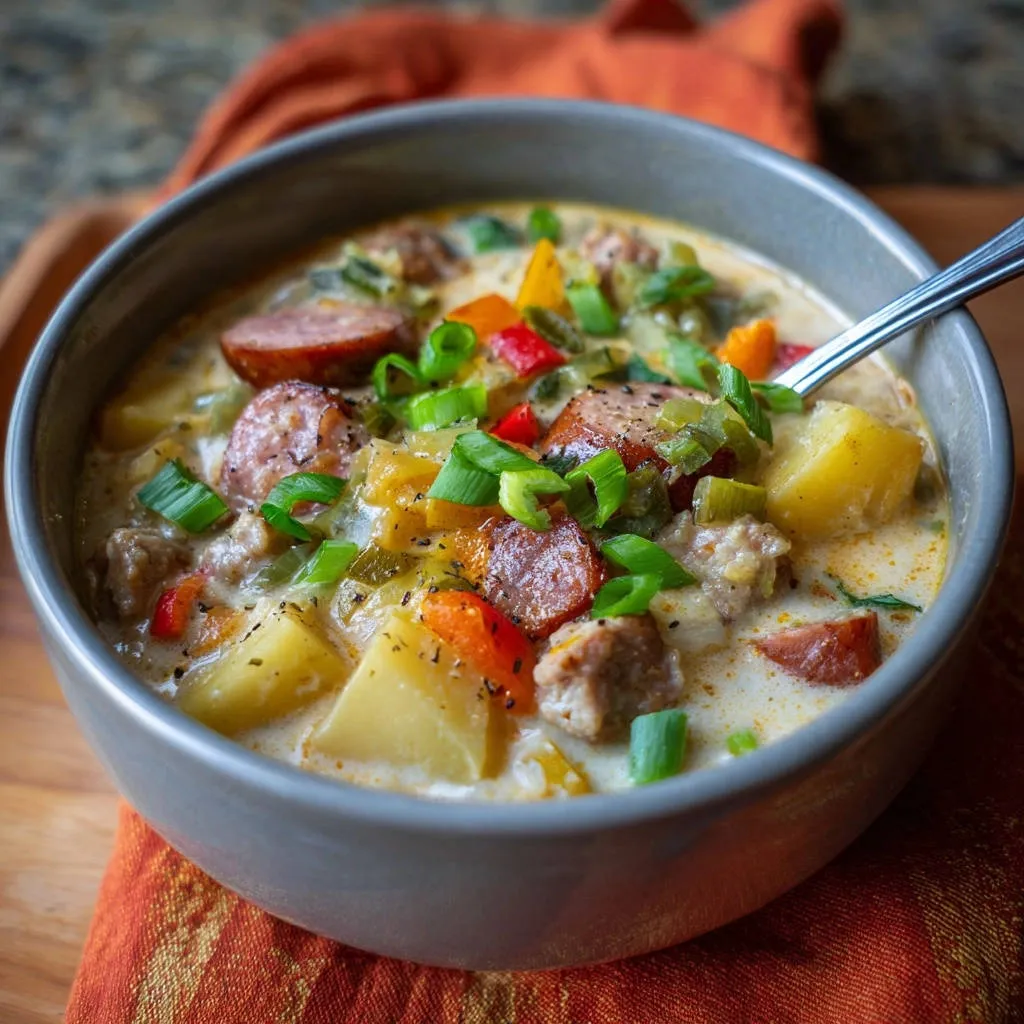 Creamy smoked sausage and potato soup served in a bowl with a spoon, showcasing hearty chunks and fresh garnish.