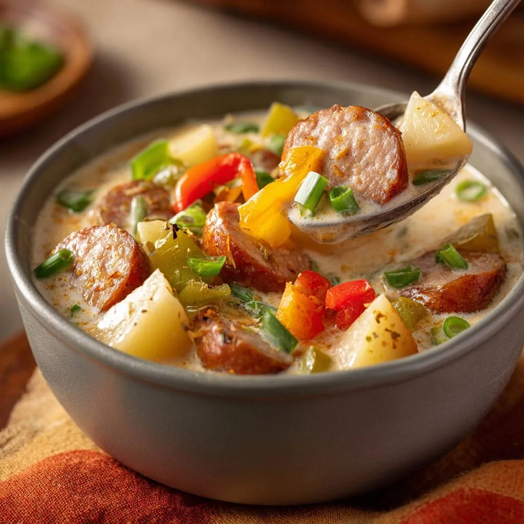 Creamy smoked sausage and potato soup with a spoonful lifted to show ingredients and creamy broth texture.