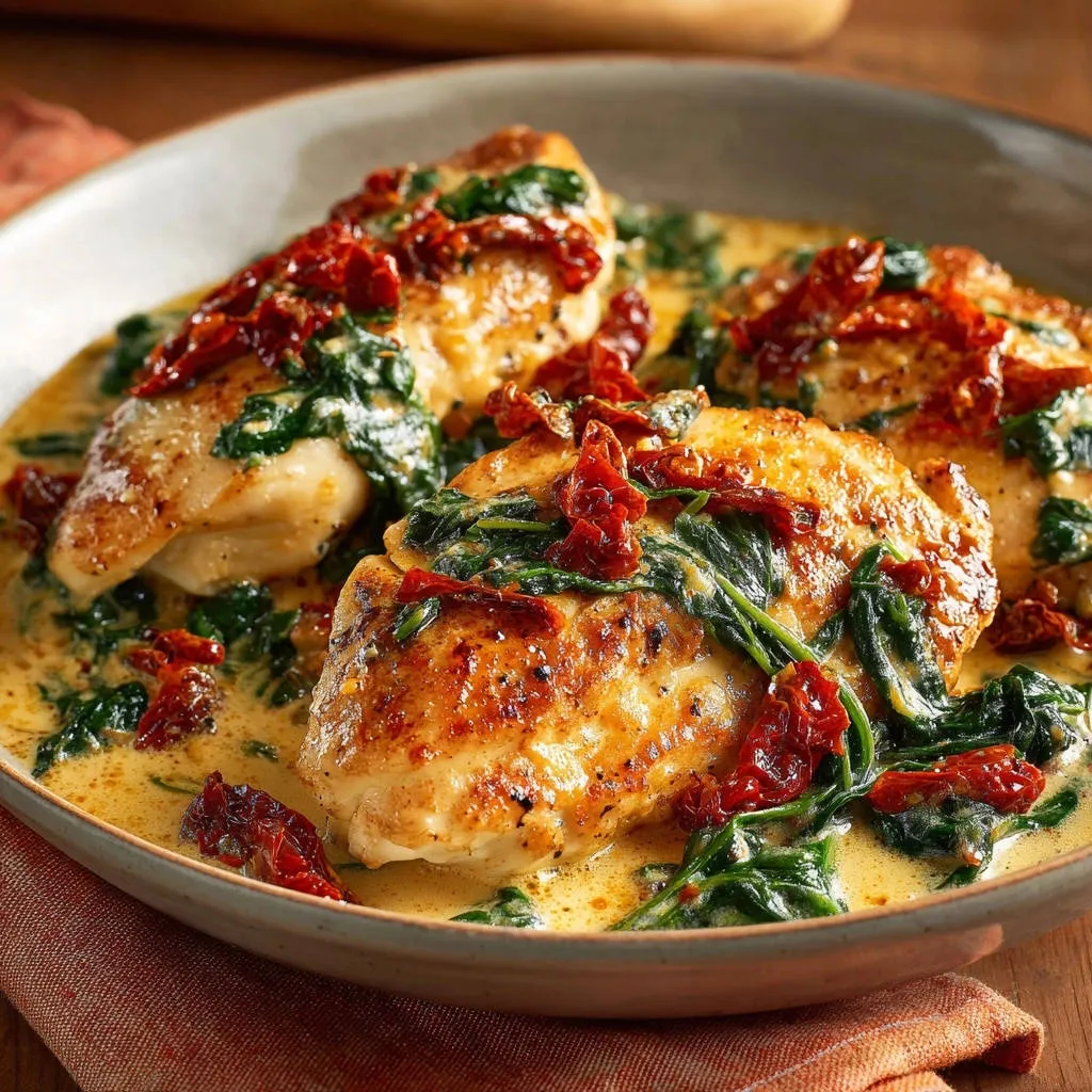 Creamy Tuscan Chicken presented in a bowl with a close-up view of the juicy chicken bathed in a rich, creamy sauce with sun-dried tomatoes and spinach.
