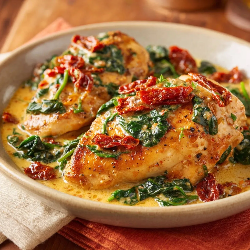 Creamy Tuscan Chicken served in a bowl, showcasing seared chicken breasts with spinach and sun-dried tomatoes in a rich sauce.
