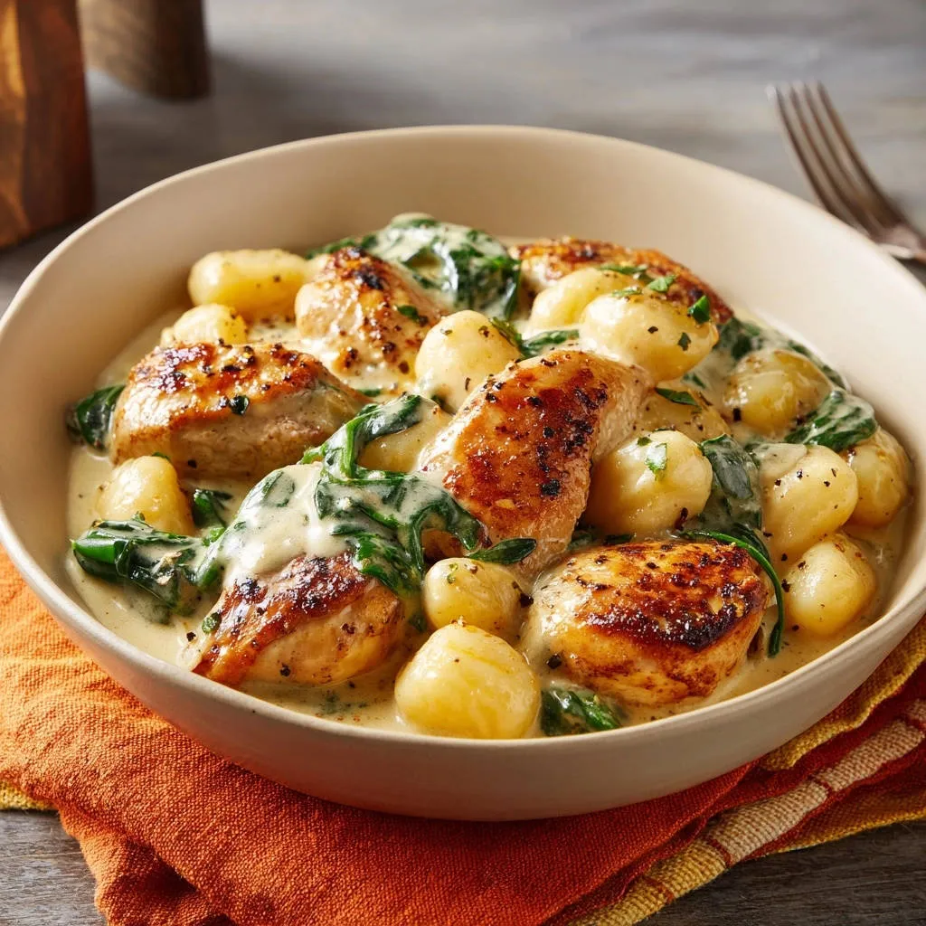 Creamy Tuscan chicken and gnocchi served in a bowl, showing a close-up view of the tender chicken and soft gnocchi.