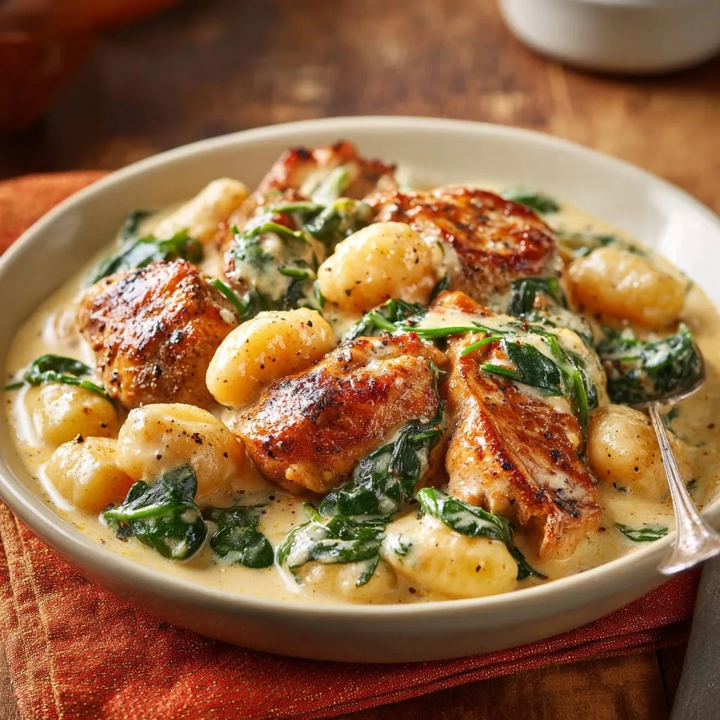 Creamy Tuscan chicken and gnocchi in a rich sauce, with a close-up view of the tender chicken and soft gnocchi.