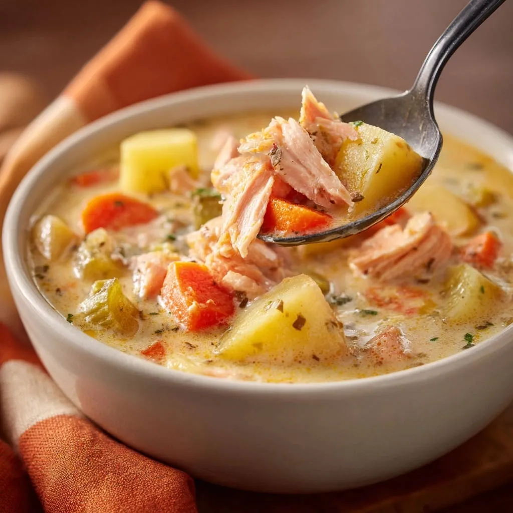 Creamy winter salmon chowder with potatoes and carrots, captured with a spoonful lifted to show tender, flaky salmon.
