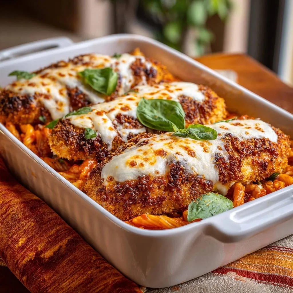 Crispy baked chicken parm penne shown in a white baking dish, topped with melted cheese and basil.