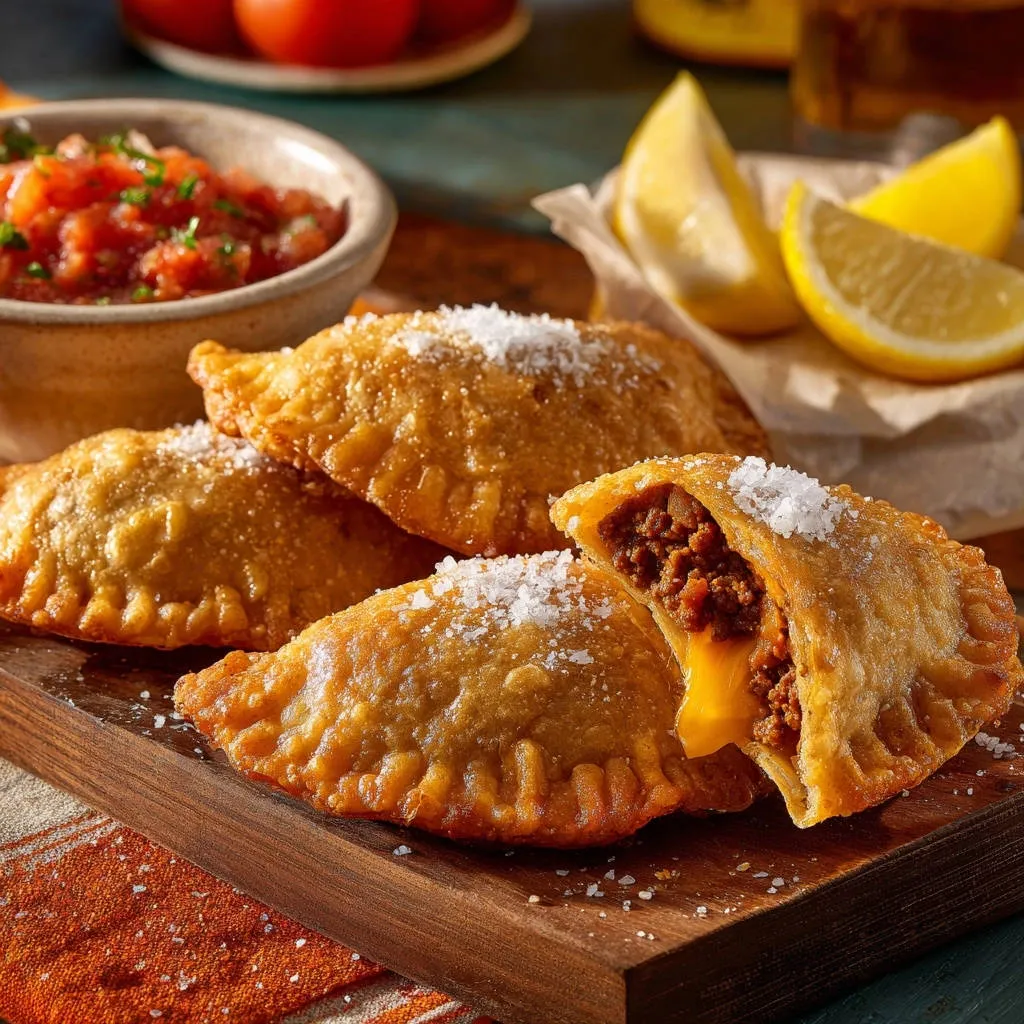 Crispy beef empanadas cross-section showing melted cheese and savory filling, sprinkled with sea salt.