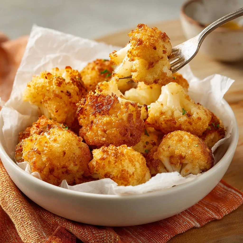 Crispy cheesy cauliflower bites being lifted from a white bowl on a fork, showing golden-brown coating.