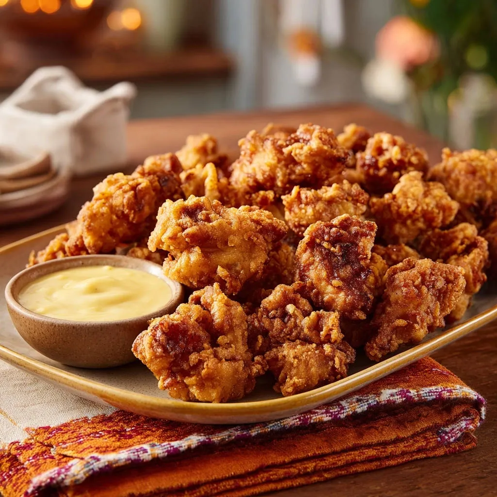 Crispy chicken bites served with a side of creamy dipping sauce on a decorative napkin.