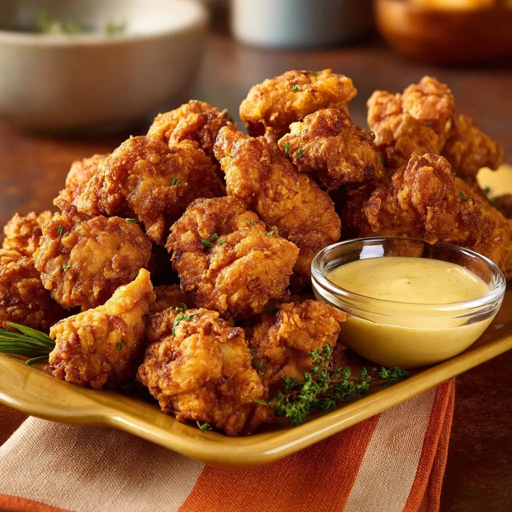 Crispy chicken bites piled high on a platter with a small bowl of dipping sauce.