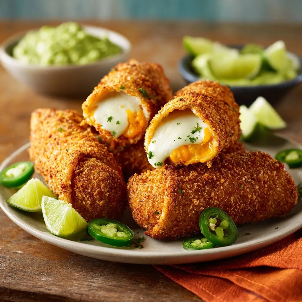 Crispy chicken and cheese rolls cross-section revealing melted cheese and golden breading with jalapeños and lime wedges.