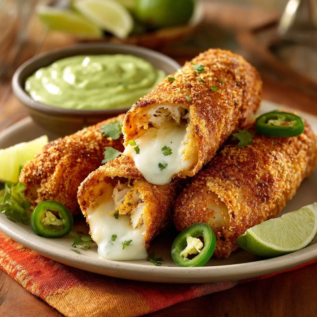 Crispy chicken and cheese rolls cross-section revealing a gooey melted cheese interior with a side of avocado dip.