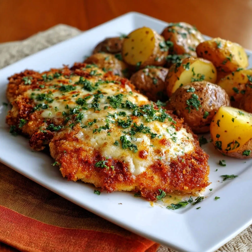 Crispy chicken cutlets with melted cheese and potatoes, garnished with fresh parsley and served on a white plate.