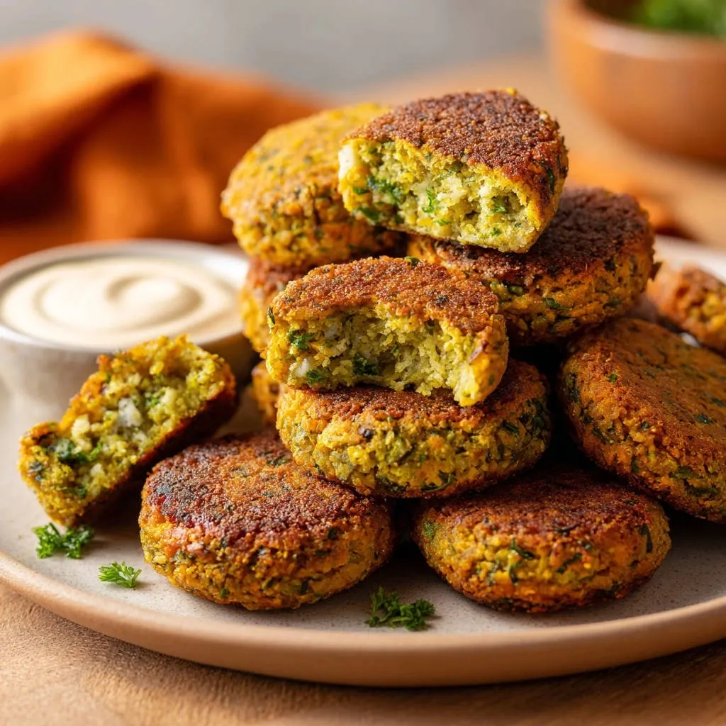 Crispy homemade falafel shown in a cross-section, stacked with a side of dipping sauce.