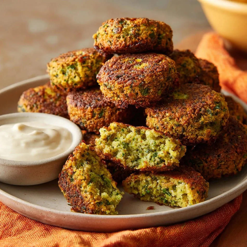 Crispy homemade falafel shown in a close-up cross-section, revealing the interior texture, with a side of dipping sauce.