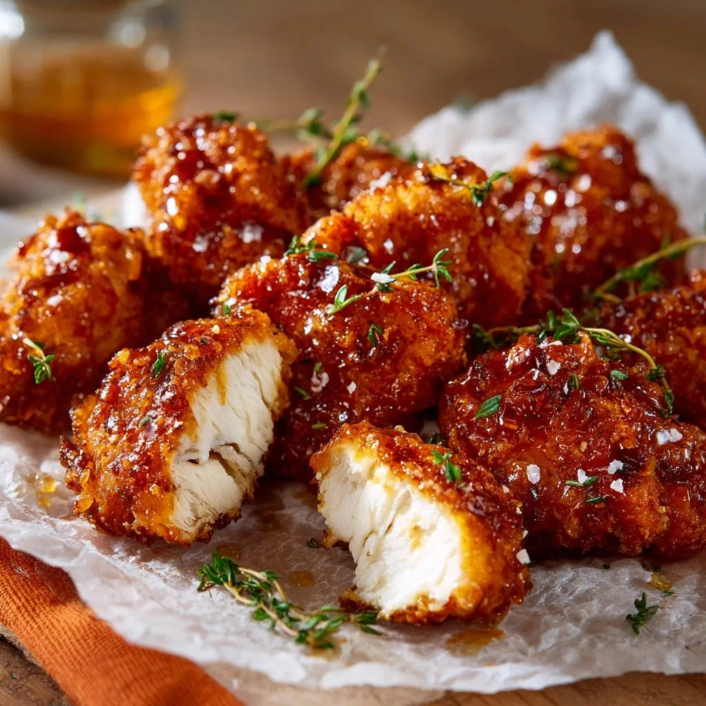 Crispy glazed chicken cutlets shown in a close-up cross-section, revealing the juicy interior texture.