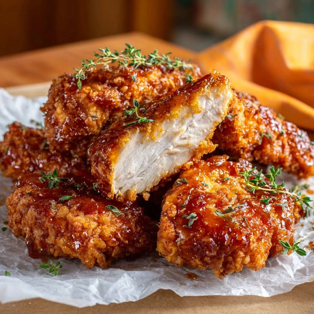 Crispy glazed chicken cutlets shown in a close-up cross-section revealing a juicy interior and a glistening glaze.