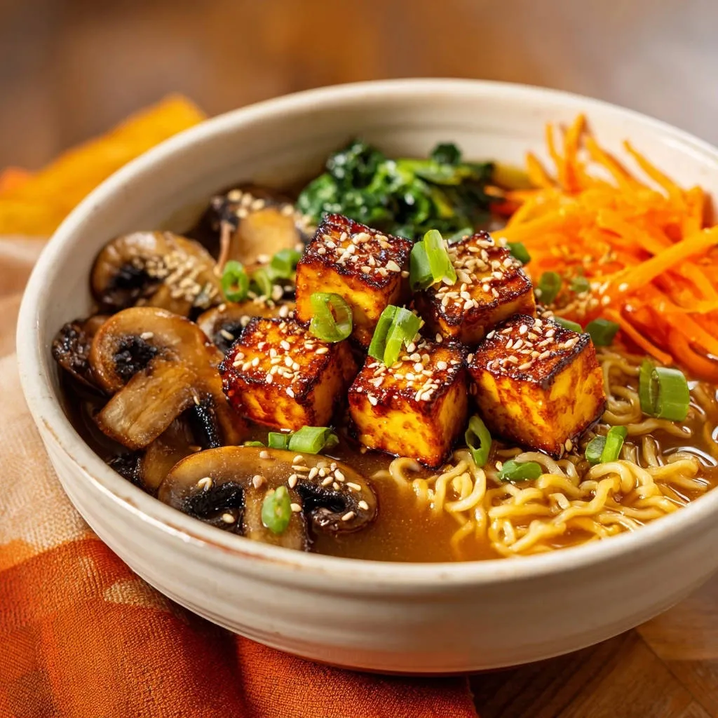 Crispy tofu noodle bowl featuring golden-brown cubes generously sprinkled with sesame seeds and green onions.