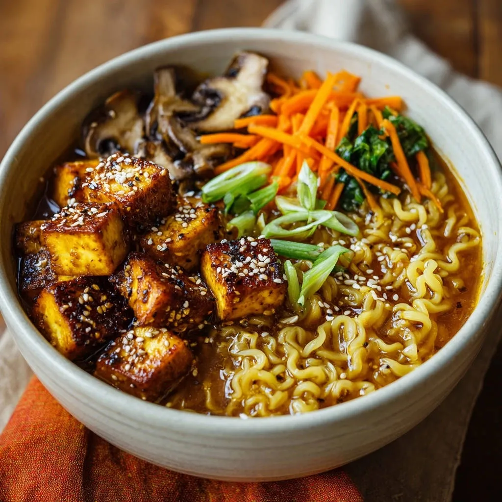 Crispy tofu noodle bowl features golden-brown tofu cubes generously sprinkled with sesame seeds and garnished with fresh green onions.