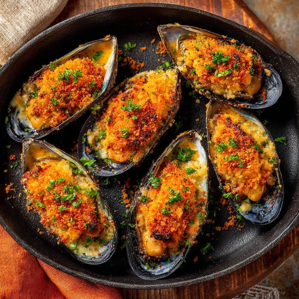 Crunchy baked mussels with garlic butter served in a cast-iron skillet, viewed from directly above.