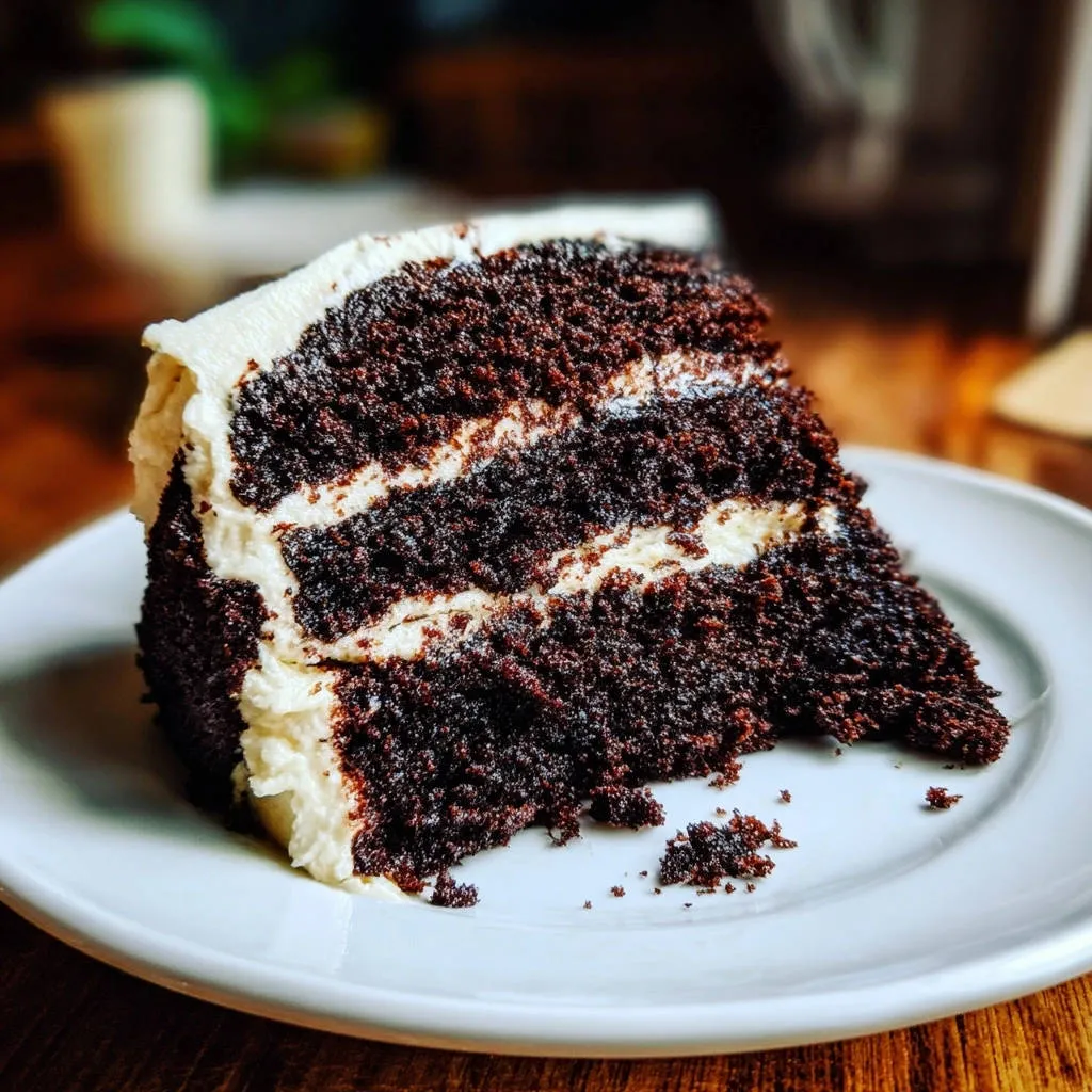 Decadent triple-layer chocolate cake shown in a close-up cross-section revealing moist chocolate cake and creamy white frosting.