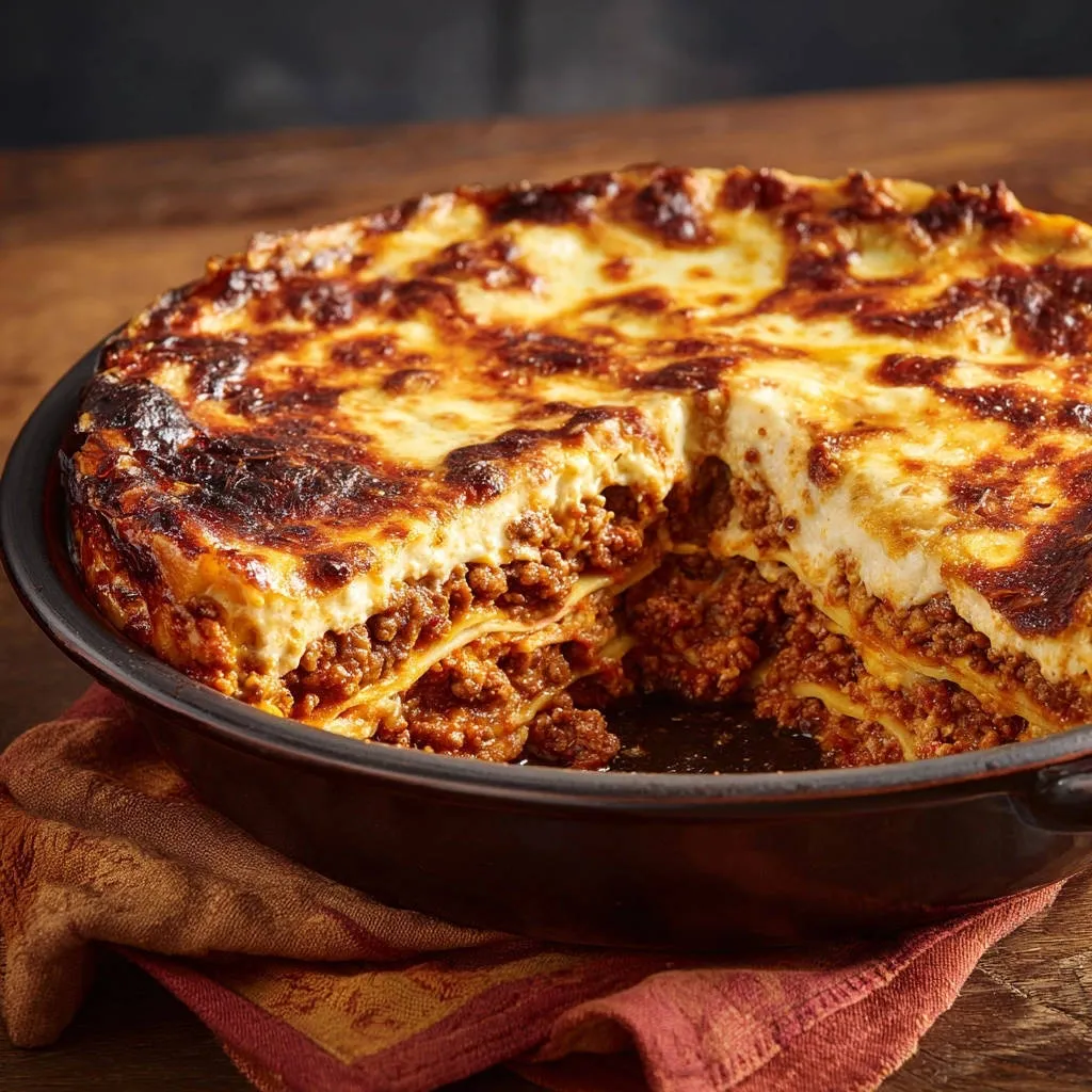 Deep dish skillet lasagna cross-section revealing layers of pasta, rich meat sauce, and creamy cheese topping.